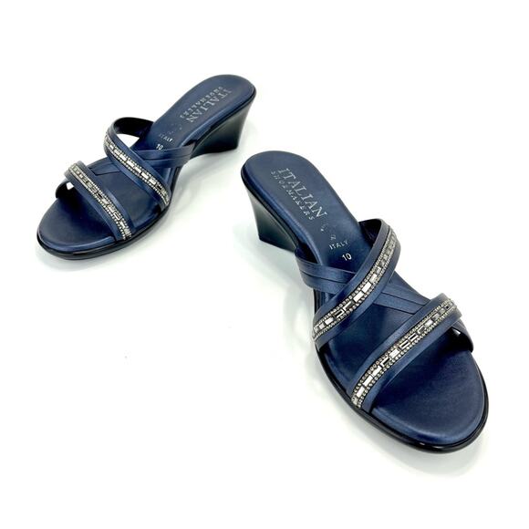 ITALIAN SHOEMAKERS NAVY BLUE RHINESTONE EMBELLISHED SLIDE-IN WEDGE STRAPY SANDAL - Picture 3 of 15